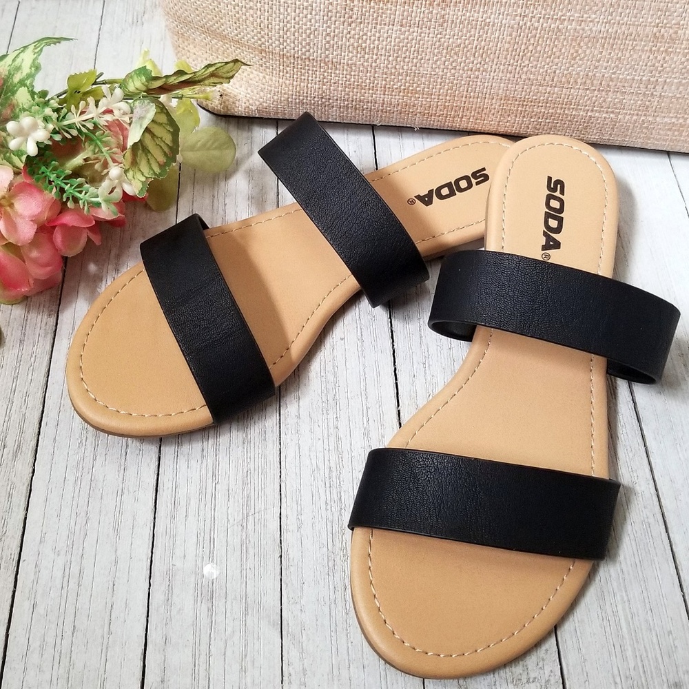 New Black Dual Band Slip On Slides Flat Sandals